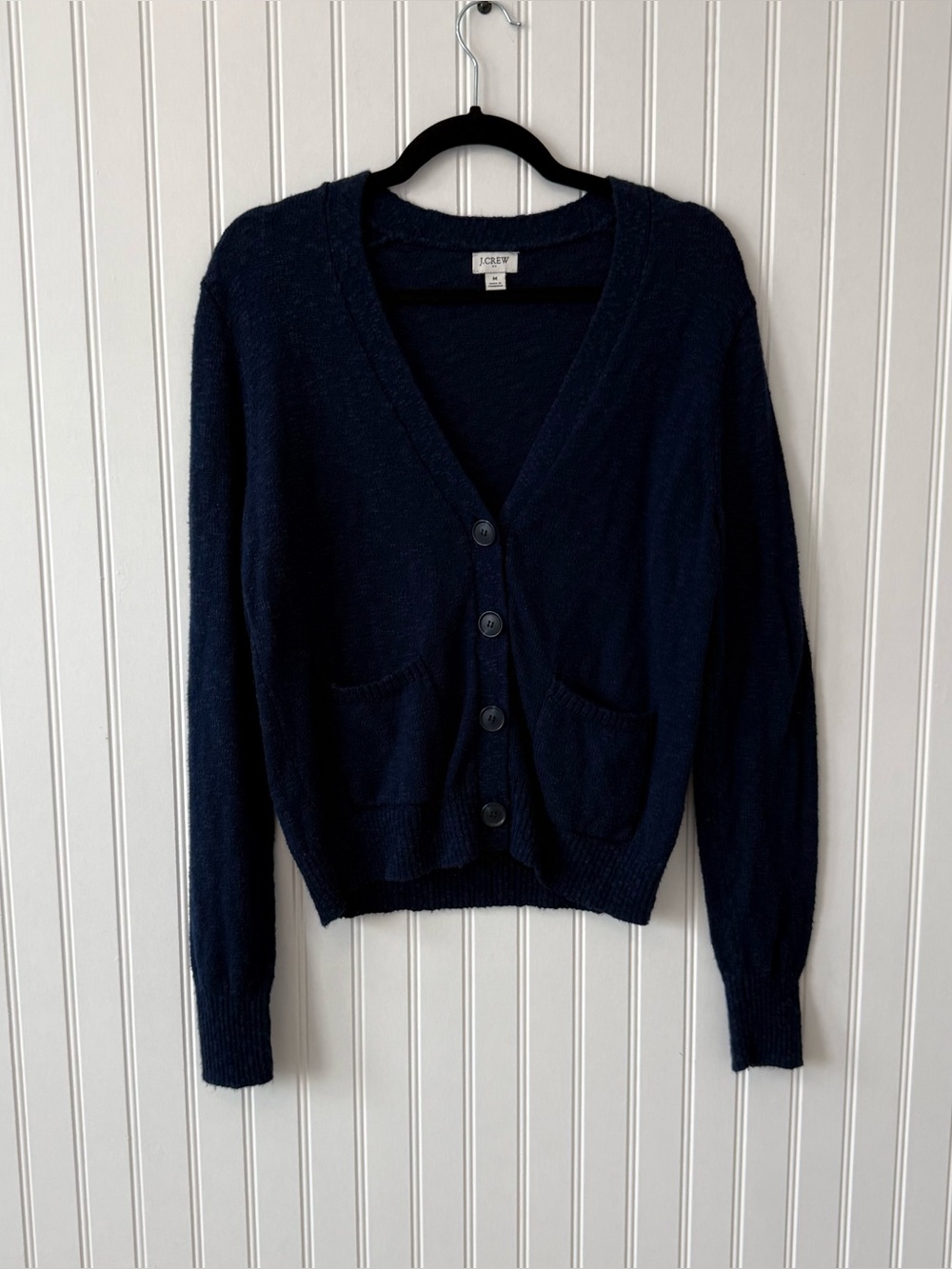 J.Crew Beach Cardigan V-Neck Button Front Pocket Sweater Size M Navy Blue